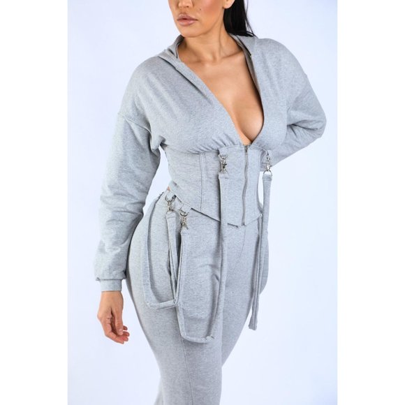 Women's Long Sleeve Zip-Up Strappy Terry Casual Hoodie Two-Piece Set Super Cute - Picture 2 of 11